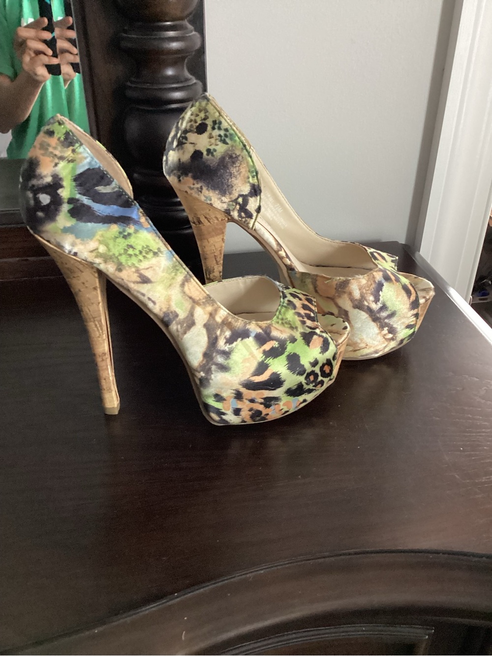 Chinese Laundry Multicolor Animal Print Platform Pumps with Cork Heel